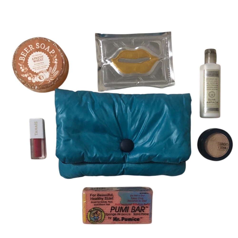 Skincare & makeup bundle includes bag, lip oil, lotion, soap, highlighter, etc